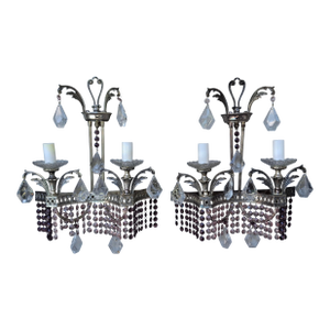 1940's Hollywood Regency Silvered Metal With Amethyst & Pink Cut Austrian Crystal Waterfall Wall Sconces a - Pair
