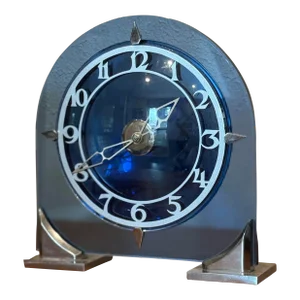 English Modernist Art Deco Cobalt Blue Glass and Steel Clock Circa 1930's