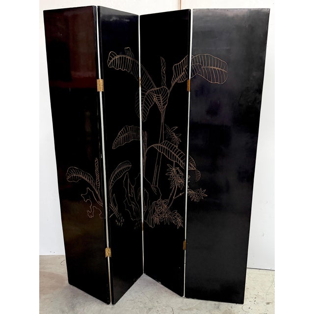 Art Deco 4-Panel Black Lacquer & Gilt Screen, Attributed to Paul Fehér, 20th C. For Sale - Image 12 of 14
