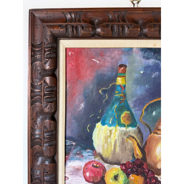 Wood 1960's Mid-Century Wine & Fruits Oil Painting on Masonite Board – Framed For Sale - Image 7 of 15
