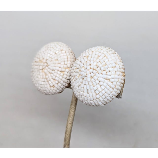 Mid-Century Modern Vintage 1960s Signed Napier Round Domed White Beaded Clip Earrings- 2 Pieces For Sale - Image 3 of 7