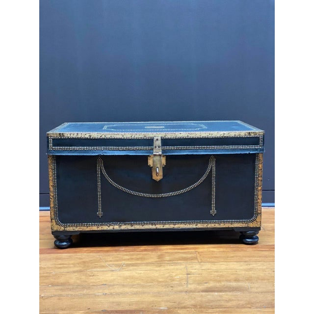 19th Century 19th Century Vintage Trade Large Leather & Brass Trunk For Sale - Image 5 of 12