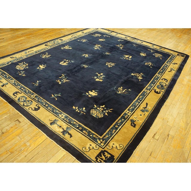 1930s Navy Floral Deco Antique Chinese Peking Knotted Wool Rug 8'2" X 9'8" For Sale - Image 4 of 12