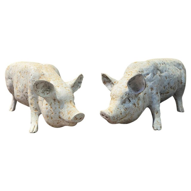 Painted White Cast Iron Pigs, Set of 2 For Sale - Image 15 of 15