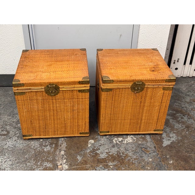 Wicker Asian Campaign/Chinoiserie Hinged Chests, Pair For Sale - Image 9 of 12
