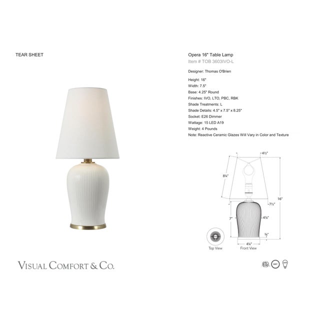Thomas O'Brien by Visual Comfort Signature Opera 16" Table Lamp in Ivory with Linen Shade Designer: Thomas O'Brien Height:...