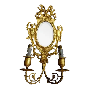19thc French Antique Louis XIV Dore Bronze Grand Mirrored Wall Sconce - Angels Rococo