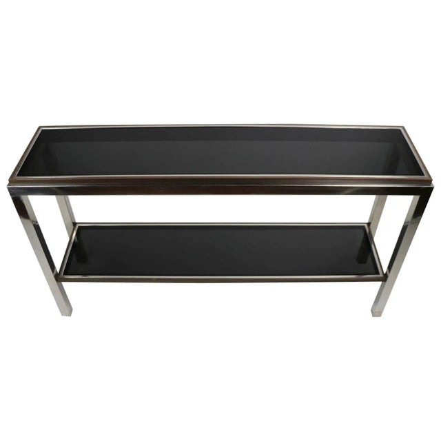 Chrome Brass Bronze and Tinted Glass Two-Tier Console Signed Willy Rizzo For Sale - Image 13 of 13
