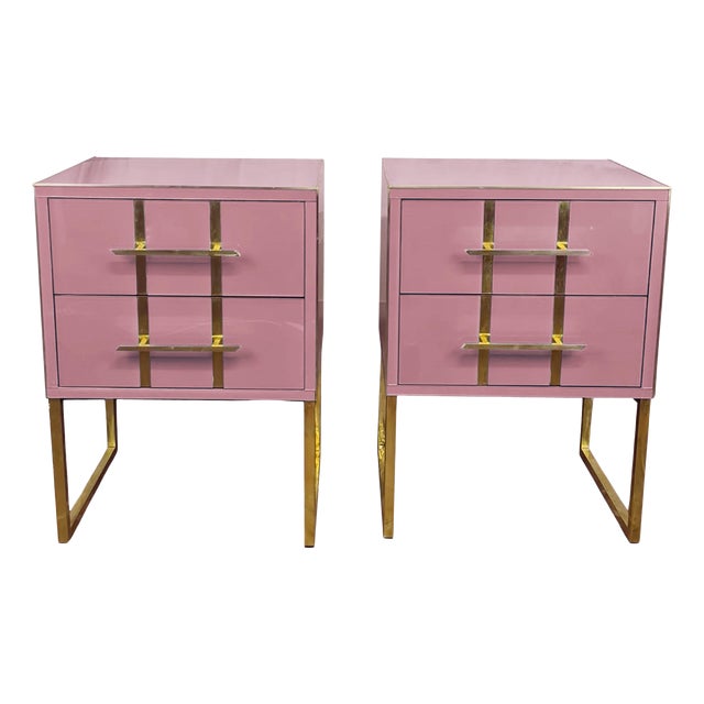 Italian Pink Murano Glass Nightstand with Brass and Gray Velvet from Justfurnituress SRL, Set of 2 For Sale