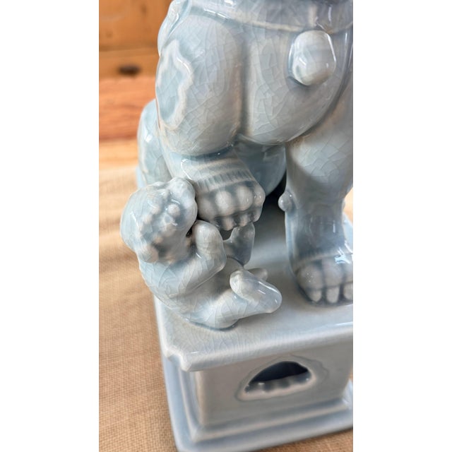 Pair of Ceramic Celadon Glaze Foo Dogs For Sale - Image 10 of 12