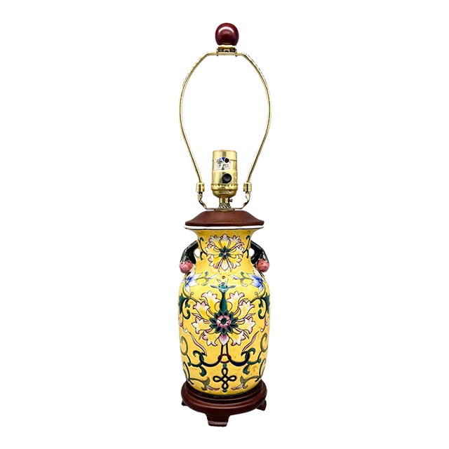 Vintage Chinese Floral Hand-Painted Porcelain Lamp With Applied Fruit Handles - Chinoiserie, Traditional, Asian For Sale