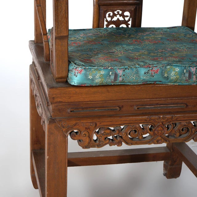 Early 20th Century Pair of Chinese Carved Hardwood Throne Armchairs With Silk Cushions Mid-20th Century For Sale - Image 5 of 12