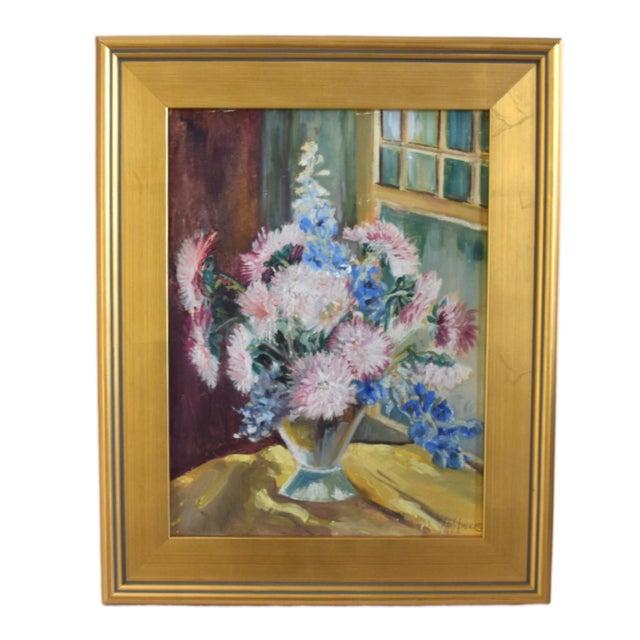 Vintage Colorful Bouquet of Flowers Oil Painting Including the Antiqued Gold Wood Frame For Sale In Los Angeles - Image 6 of 6