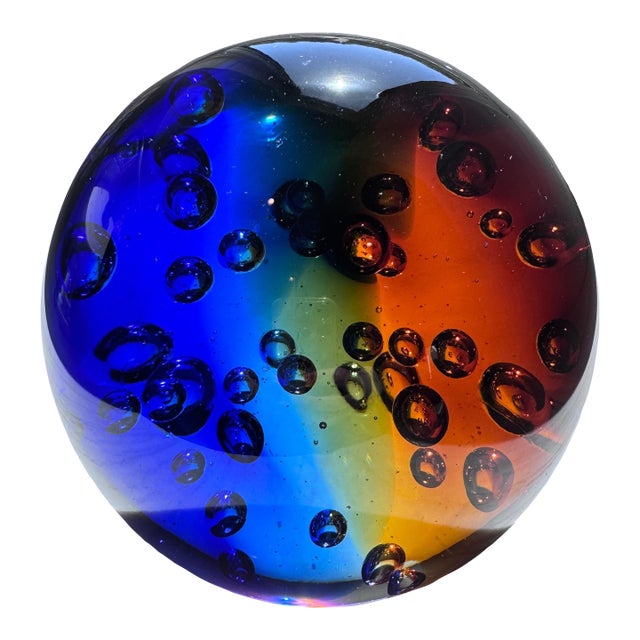 Large 10 Lbs. Studio Art Glass Sphere Controlled Bubble Orb Murano Style Decor Rainbow Paper Weight For Sale