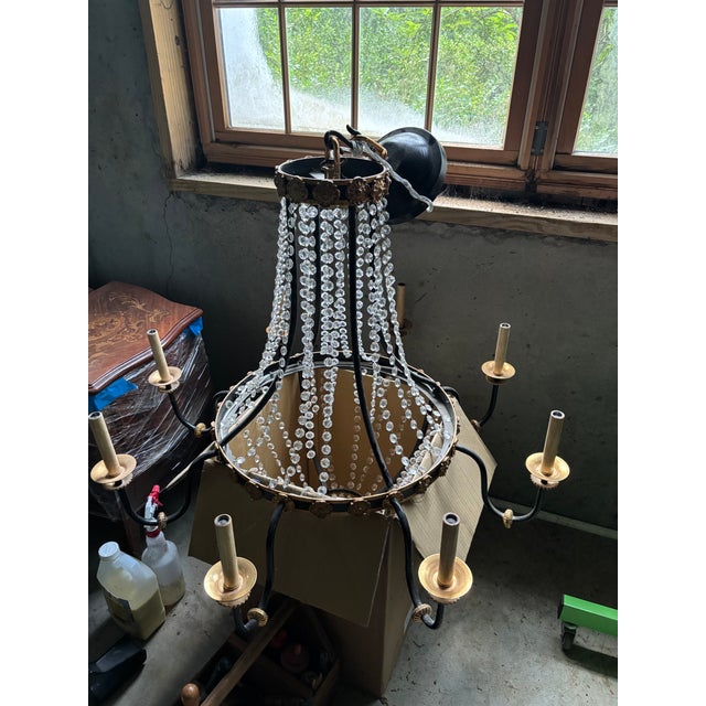Vintage Black & Gold Empire Chandelier With Crystals and Custom Made Silk Pleated Shades For Sale - Image 11 of 12