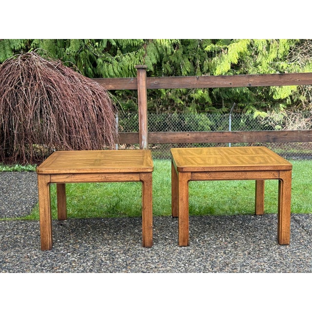 Vintage Thomasville Furniture Asian Ming Style Parquetry End Side Tables Featuring vintage Asian Ming influenced solid...