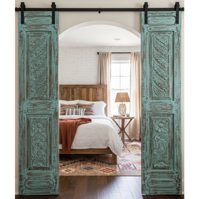 Vintage Carved Blue Floral Closet Doors – Rustic Reclaimed Wood Double Doors 80x35 For Sale - Image 4 of 6