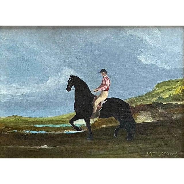 Oil painting on canvas board of an English jockey on a black stallion set in a landscape scene under a dramatic sky;...