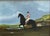 Oil painting on canvas board of an English jockey on a black stallion set in a landscape scene under a dramatic sky;...