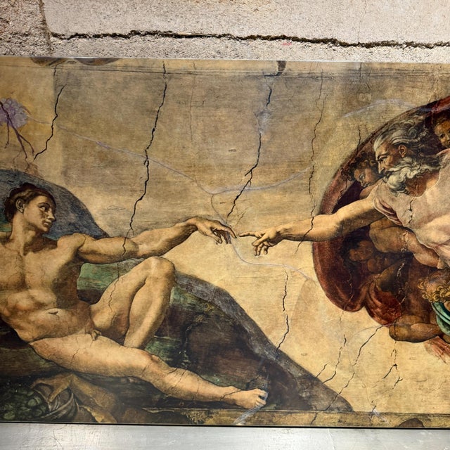 The Creation of Adam Michelangelo by Maria Teresa Mendez Goatskin on Wood For Sale In San Diego - Image 6 of 14