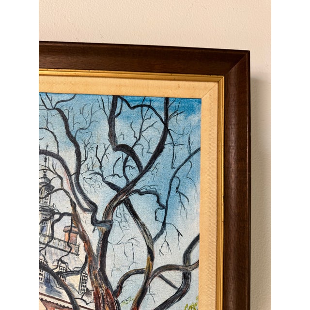 Blue 1980's Edwina Z. Worsley Historic Brick Architecture and Winter Tree Landscape Oil Sold For Sale - Image 8 of 11