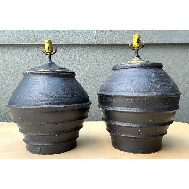 Late 20th Century Vintage Greek Painted Terracotta Lamps - A Pair For Sale - Image 5 of 12