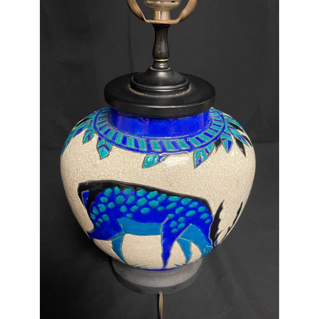 1920s Charles Catteau Boch Freres Art Deco Blue Deer Lamp For Sale - Image 9 of 12