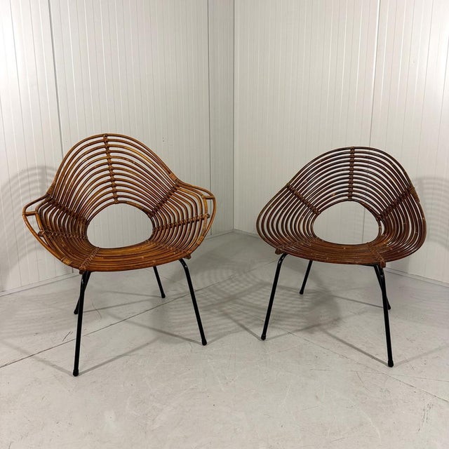 Wood Rattan Easy Chairs attributed to Rohé Noordwolde Netherlands 1960s, Set of 2 For Sale - Image 7 of 18