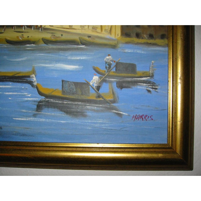 1970s Merchant in Venice Gondola Ride Signed Harris Oil on Canvas For Sale - Image 9 of 18
