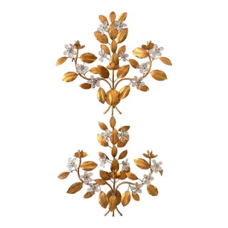 1950s Pair of Gilt Tole Candle Sconces With Glass Flowers For Sale