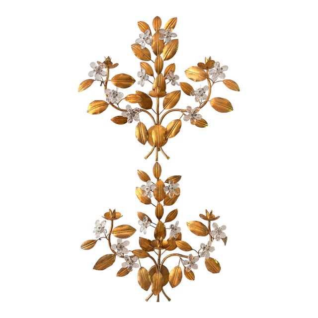 1950s Pair of Gilt Tole Candle Sconces With Glass Flowers For Sale