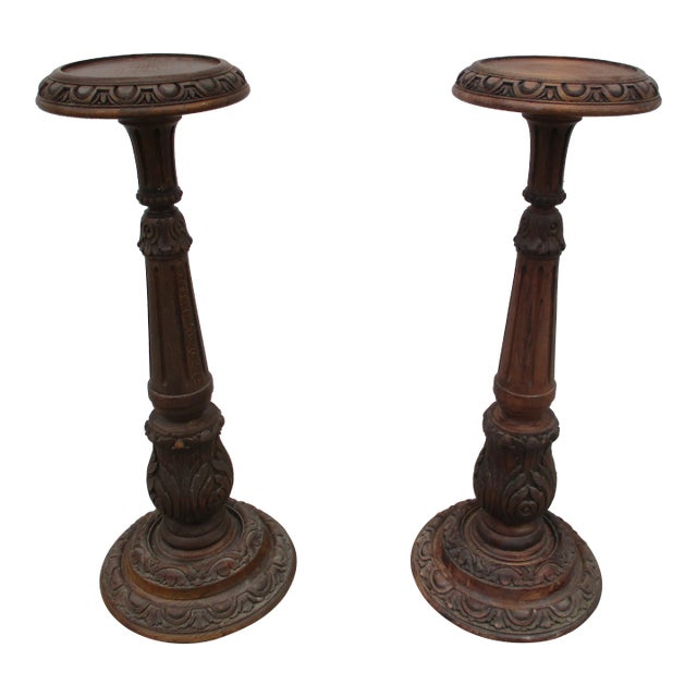 Tall Vintage Baroque Style Wooden Plant Stands or Torchieres For Sale