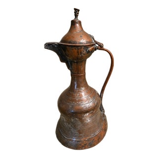 Antique Turkish Hand-Hammered Copper Ewer With Hinged Lid For Sale