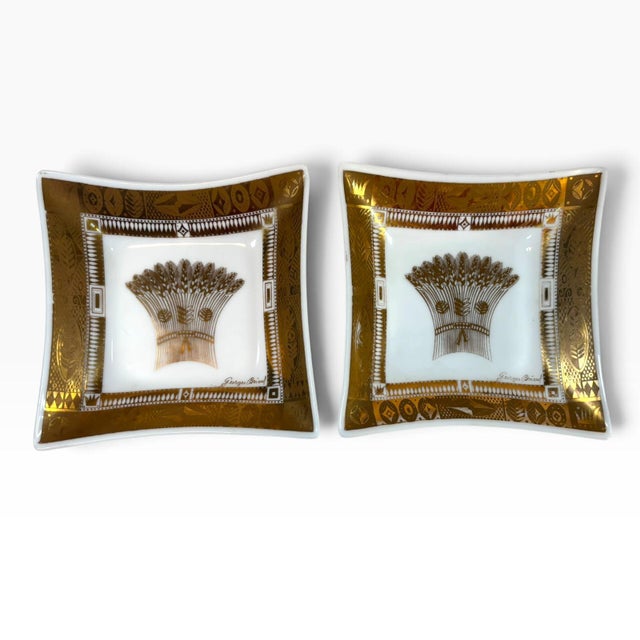 Mid-Century Modern Signed Georges Briard 22k Gold Wheat Sheaf Square Dishes - A Pair For Sale - Image 13 of 14