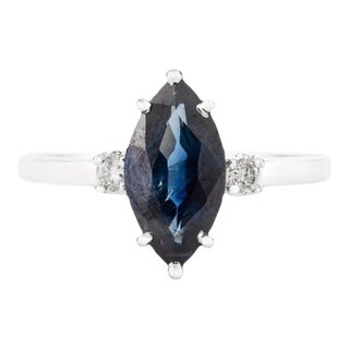 14k White Gold Marquise Cut Blue Sapphire Diamond Ring Size 7 For Sale