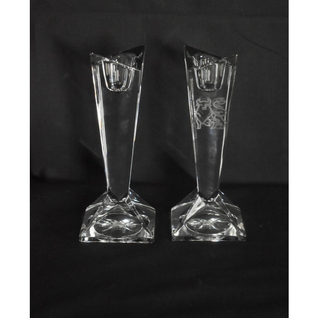 Rosenthal Rosenthal Crystal Madison Candlesticks Vintage Merrill Lynch Etched Bull Pair For Sale - Image 4 of 15