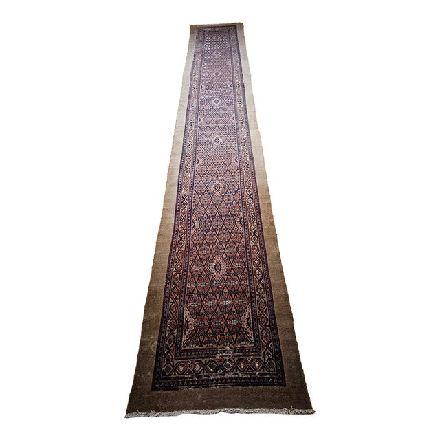 Antique Persian Serab Camel Hair Runner Rug, Hand-Knotted Wool, Allover Geometric Pattern, Red & Blue, 3x20 For Sale