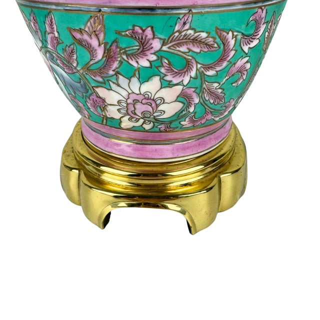 Vintage Asian Turquoise Floral Chinoiserie Hand Painted Ceramic Table Lamp For Sale - Image 6 of 9
