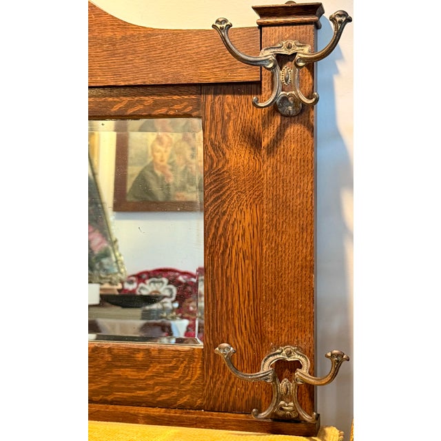 American Antique Tiger Oak Hall Mirror With Ornate Coat Hooks For Sale - Image 3 of 6