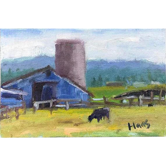 Petaluma Blue Barn & Cow Oil Painting For Sale