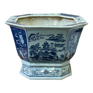 Chinese Blue White Oriental Scenery Porcelain Square Pot Planter