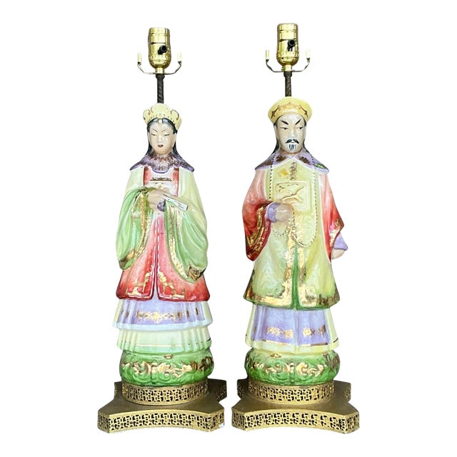 Vintage Asian Glazed Ceramic Emperor Lamps - a Pair For Sale