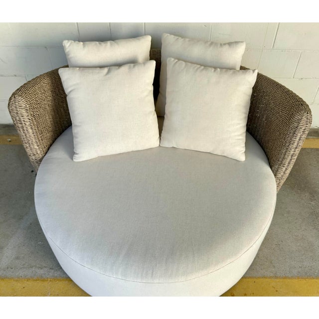 Original retail $3712, stylish Organic Modern Indoor Outdoor Greige Wicker Swivel Sunset Day Bed, off-white fabric,...