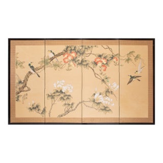 C. 1970s Maitland Smith, Painted Folding Screen "Magnolia and Sparrows" For Sale