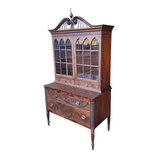 Antique Flame Mahogany Quality American Federal Style Butlers Secretary Desk Cabinet C1900 For Sale
