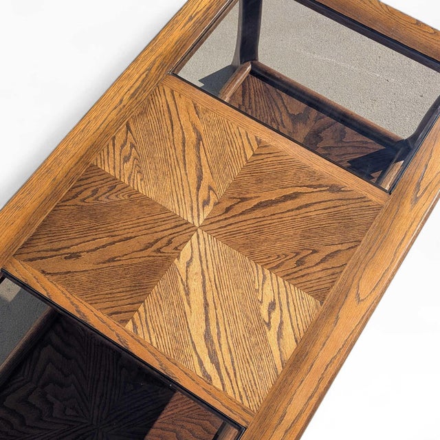 Mid 20th Century Smoked Glass and Oak Parquetry Coffee Table With Lower Shelf For Sale - Image 11 of 18