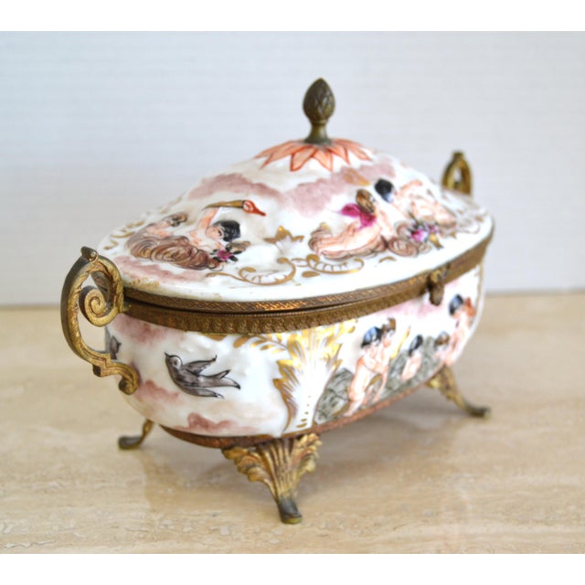 Rococo 1950s French Hand Painted Lidded Bowl Ornate Angel Porcelain For Sale - Image 3 of 12