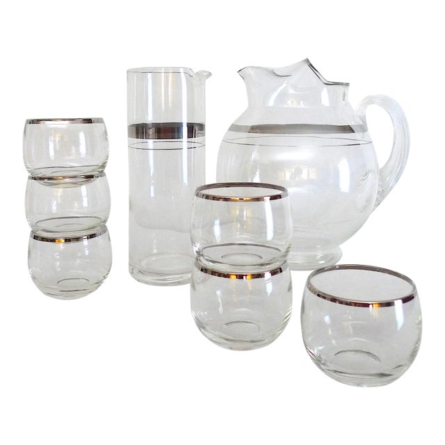 Mid-20th Century Modern Silver Banded Glass Barware, Dorothy Thorpe Company - Set of 8 Pieces For Sale