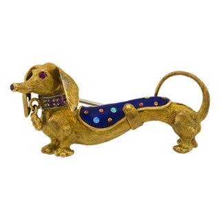 Vintage Ruby 18k Yellow Gold and Enamel Dachshund Brooch For Sale