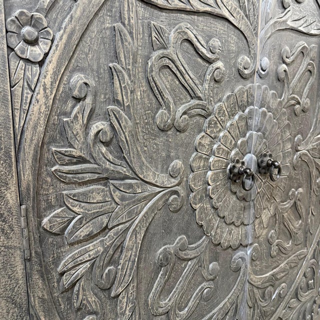 Wood Farmhouse Style Carved Solid Wood Distrssed Gray 46" Wide Armoire For Sale - Image 7 of 7